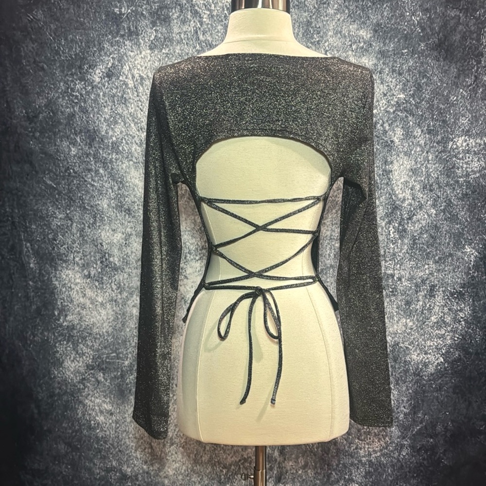 DKNY silver grey metallic backless tie up long sleeve top club festival rave